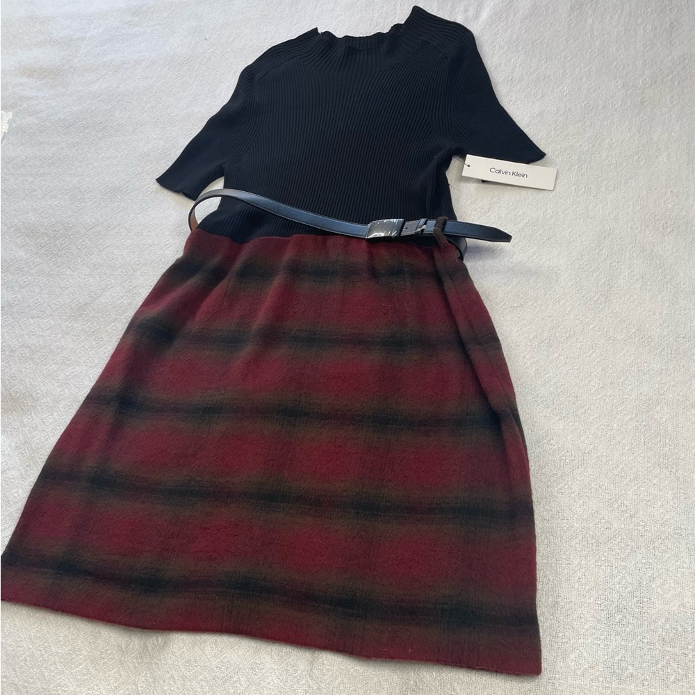 Calvin Klein Black Ribbed Dress with Plaid Skirt
Size Large ~ Office Dress NWT